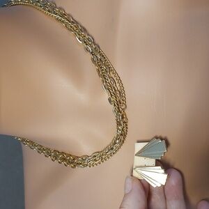 40" Goldtone Long Double Chain Necklace Vintage Bonus Earrings